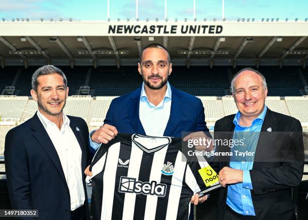 Newcastle United's Chief Commercial Officer Peter Silverstone, Sela Vice President of Marketing, Ibrahim Mohtaseb and Newcastle United's CEO Darren...