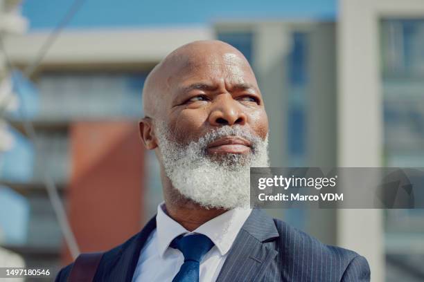 serious, face and professional black man, senior executive and businessman looking at city, opportunity or outdoor view. legal attorney, government job and business person thinking of lawyer career - lawyers serious stock pictures, royalty-free photos & images