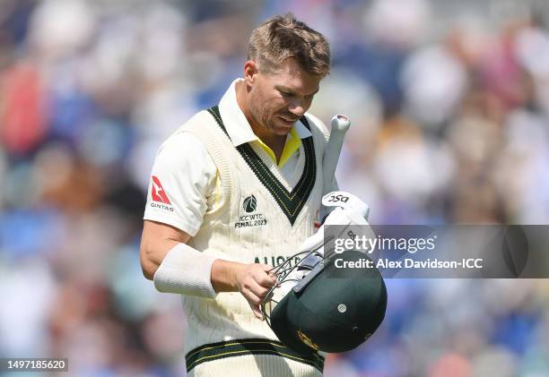 David Warner of Australia looks on as they leave the field after being dismissed during day three of the ICC World Test Championship Final between...