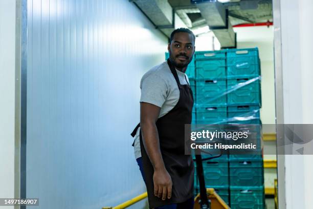 black male employee pulling a forklift with crates of frozen food to restock retail display at the supermarket - comida congelada comida imagens e fotografias de stock