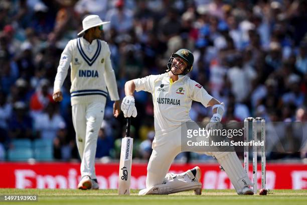 Marnus Labuschagne of Australia reacts after falling to the ground whilst batting during day three of the ICC World Test Championship Final between...