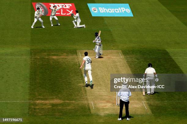 David Warner of Australia drops the ball of the shot of Ajinkya Rahane of India during day three of the ICC World Test Championship Final between...
