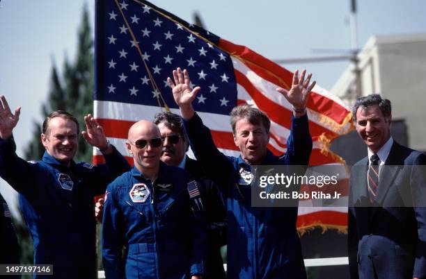 California Governor George George Deukmejian with three of the four crew members of NASA STS-6 after the Space Shuttle Challenger's successful...