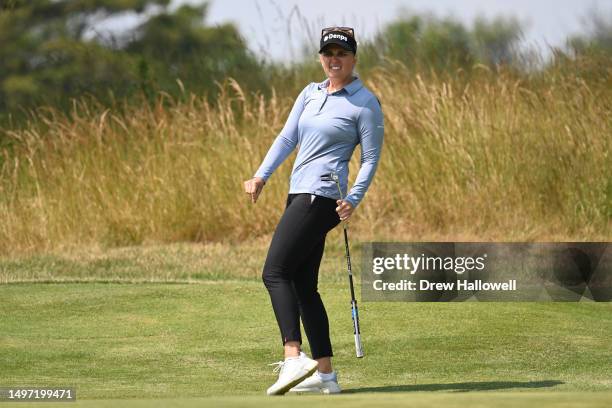 Nanna Koerstz Madsen of Denmark reacts to a putt on the seventh green during the first round of the ShopRite LPGA Classic presented by Acer at...