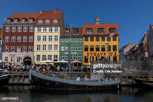 The popular tourist area, the wharf of Nyhavn, seen on June 4, 2023 in Copenhagen, Denmark.