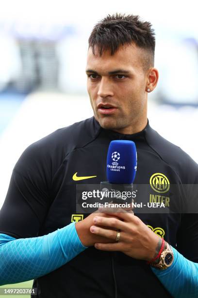 Lautaro Martinez of FC Internazionale speaks to the media prior to the FC Internazionale Training Session ahead of UEFA Champions League 2022/23...