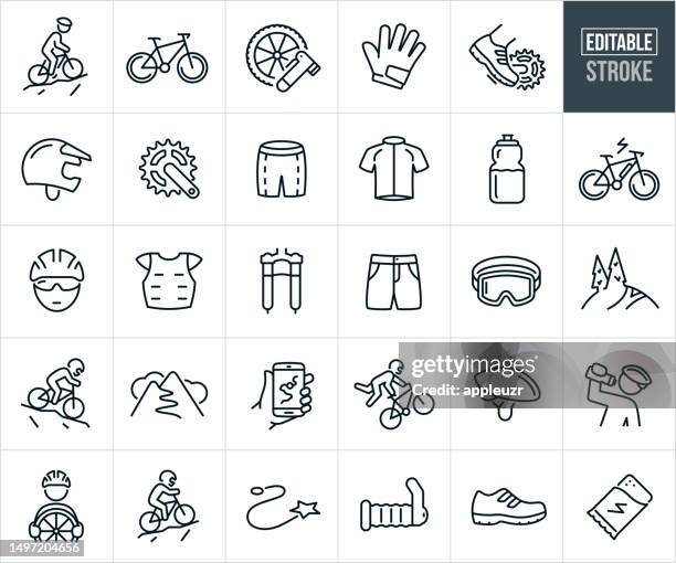 ilustrações, clipart, desenhos animados e ícones de ícones da linha fina biking da montanha - curso editável - vestuário de proteção