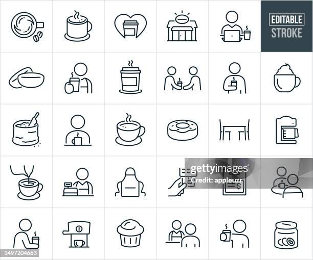 ilustraciones, imágenes clip art, dibujos animados e iconos de stock de iconos de línea fina de cafetería y cafetería - trazo editable - mesa cafeteria perfil