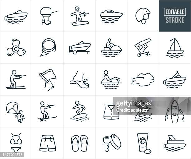 boats and boating thin line icons - editable stroke - water skiing stock illustrations