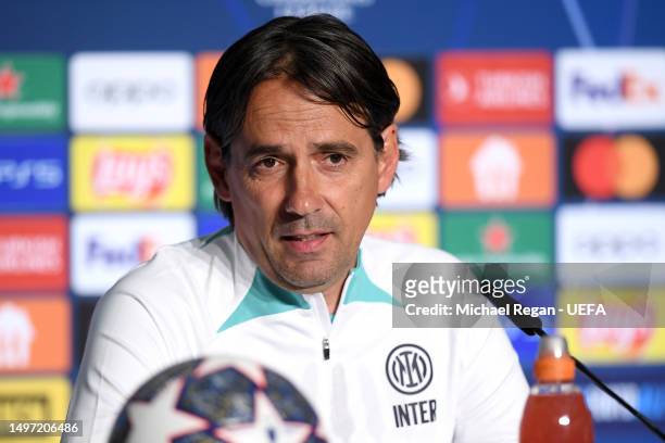 Simone Inzaghi, Head Coach of FC Internazionale, speaks to the media during the FC Internazionale Press Conference ahead of UEFA Champions League...