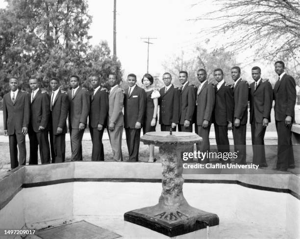 Portrait of university students, Alpha Phi Alpha fraternity with their campus Queen at Claflin University in Orangeburg, South Carolina.