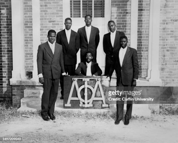 Portrait of male university students and Alpha Phi Alpha fraternity members&nbsp;at Claflin University in Orangeburg, South Carolina in the 1950s.