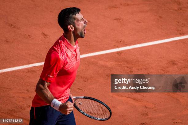 Novak Djokovic of Serbia celebrates winning a point during the Men's Singles Semi Final Match against Carlos Alcaraz of Spain during Day 13 of the...