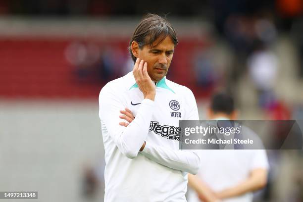 Simone Inzaghi, Head Coach of FC Internazionale, looks on during the FC Internazionale Training Session ahead of UEFA Champions League 2022/23 final...