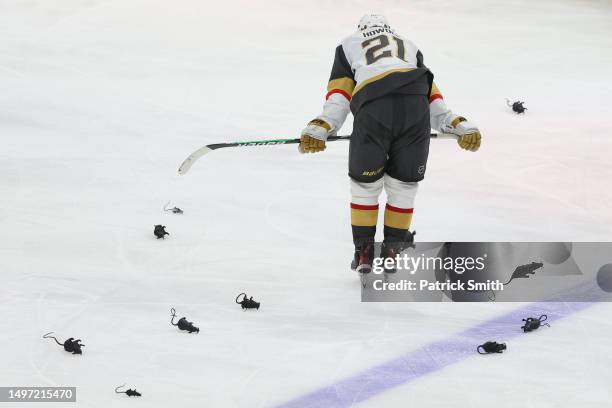 Brett Howden of the Vegas Golden Knights reacts after losing to the Florida Panthers in overtime as toy rats are tossed onto the ice in Game Three of...