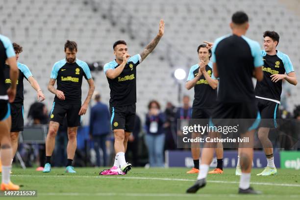 Lautaro Martinez of FC Internazionale reacts during the FC Internazionale Training Session ahead of UEFA Champions League 2022/23 final on June 09,...