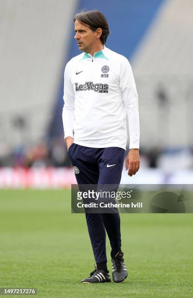 Simone Inzaghi, Head Coach of FC Internazionale, looks on during the FC Internazionale Training Session ahead of UEFA Champions League 2022/23 final...