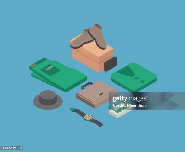 men's clothing and accessories isometric vector - men fashion stock illustrations