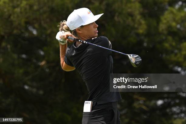 Mel Reid of England hits a tee shot on the eighth hole during the first round of the ShopRite LPGA Classic presented by Acer at Seaview Bay Course on...