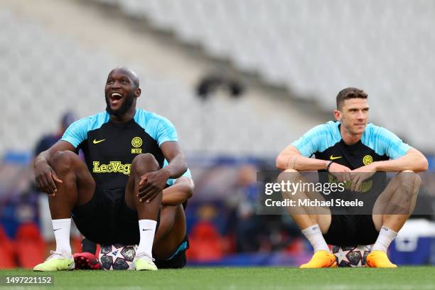 Romelu Lukaku of FC Internazionale looks on during the FC Internazionale Training Session ahead of UEFA Champions League 2022/23 final on June 09,...