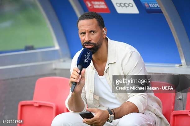 Rio Ferdinand, BT Sport pundit and former Manchester United player talks prior to the Manchester City Training Session ahead of the UEFA Champions...