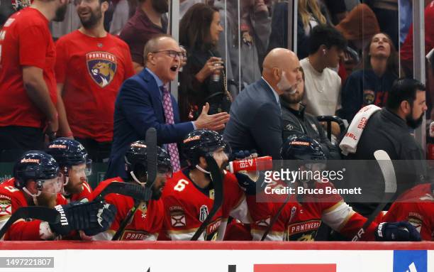 Head coach Paul Maurice of the Florida Panthers handles the bench against the Vegas Golden Knights in Game Three of the 2023 NHL Stanley Cup Final at...
