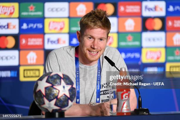 Kevin De Bruyne of Manchester City speaks to the media during the Manchester City Training Session ahead of the UEFA Champions League 2022/23 final...