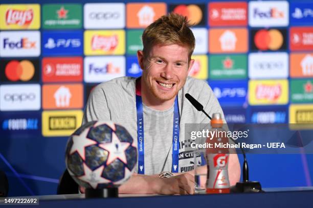 Kevin De Bruyne of Manchester City speaks to the media during the Manchester City Training Session ahead of the UEFA Champions League 2022/23 final...