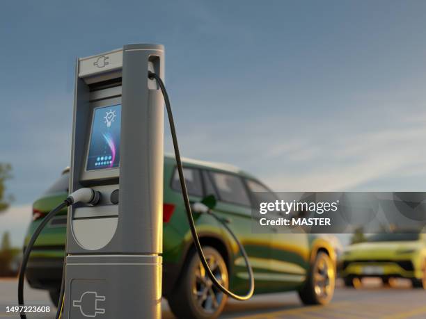 electric car charging station - solar powered station fotografías e imágenes de stock