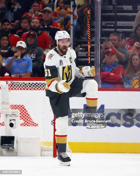 Mark Stone of the Vegas Golden Knights scores against Sergei Bobrovsky of the Florida Panthers skates against the Florida Panthers in Game Three of...