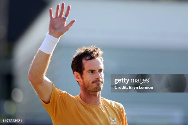 Andy Murray of Great Britain waves to the crowd after winning his quarter final against Jason Kubler of Australia in the Lexus Surbiton Trophy at...