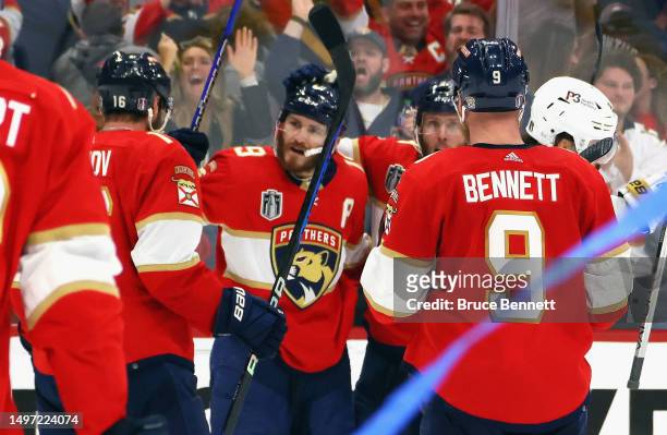 The Florida Panthers celebrate a third period goal by Matthew Tkachuk against the Vegas Golden Knights in Game Three of the 2023 NHL Stanley Cup...
