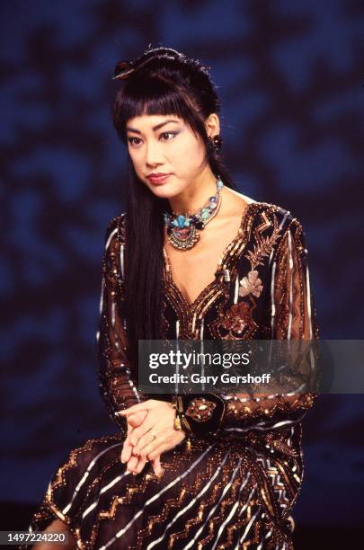 View of American composer and musician Lucia Hwong during an VH-1 interview in a television studio, New York, New York, April 24, 1986.