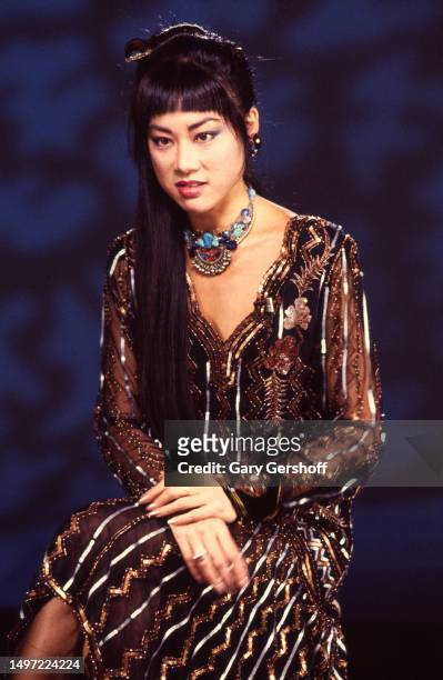 View of American composer and musician Lucia Hwong during an VH-1 interview in a television studio, New York, New York, April 24, 1986.