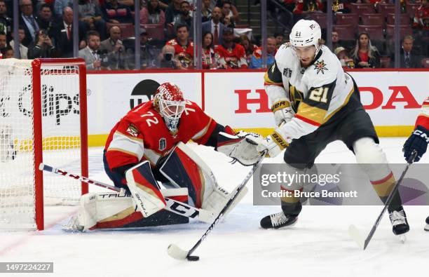 Sergei Bobrovsky of the Florida Panthers defends against Brett Howden of the Vegas Golden Knights in Game Three of the 2023 NHL Stanley Cup Final at...