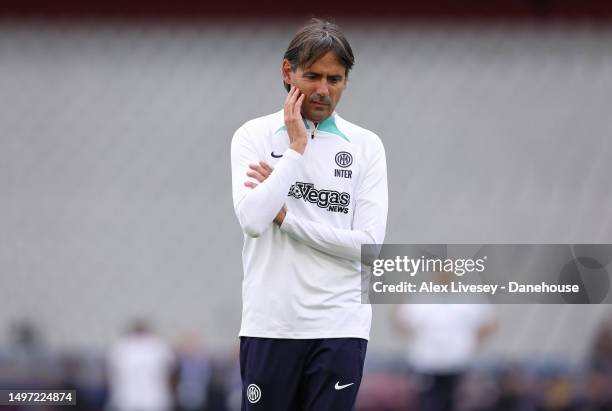Simone Inzaghi the head coach of FC Internazionale looks on during a training session ahead of the UEFA Champions League 2022/23 final on June 09,...