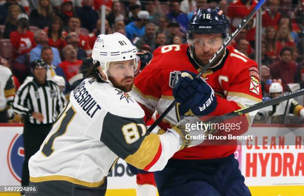 Jonathan Marchessault of the Vegas Golden Knights skates against Aleksander Barkov of the Florida Panthers in Game Three of the 2023 NHL Stanley Cup...