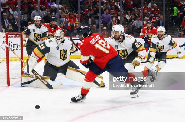 Anthony Duclair of the Florida Panthers attempts to get a shot off against Adin Hill of the Vegas Golden Knights in Game Three of the 2023 NHL...