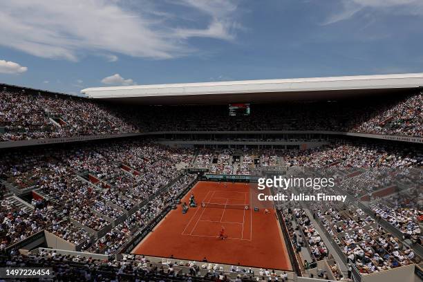 General view of Court Philippe-Chatrier is seen during the Men's Singles Semi Final match between Carlos Alcaraz of Spain and Novak Djokovic of...