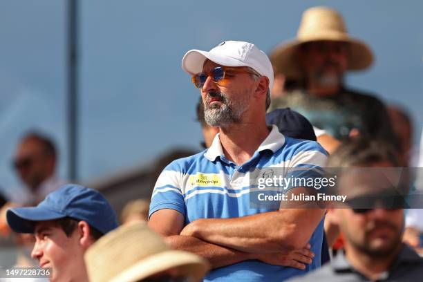 Goran Ivanisevic, Coach of Novak Djokovic of Serbia, watches on during the Men's Singles Semi Final match between Carlos Alcaraz of Spain and Novak...