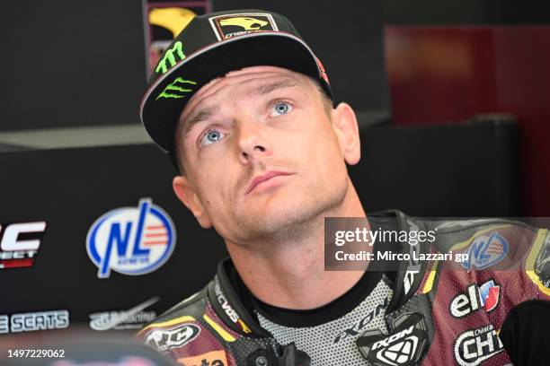 Sam Lowes of Great Britain and Elf Marc VDS Racing Team looks on in box during the MotoGP of Italy - Free Practice at Mugello Circuit on June 09,...