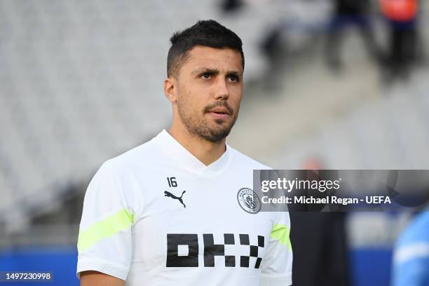 Rodri of Manchester City looks on during the Manchester City Training Session ahead of the UEFA Champions League 2022/23 final on June 09, 2023 in...