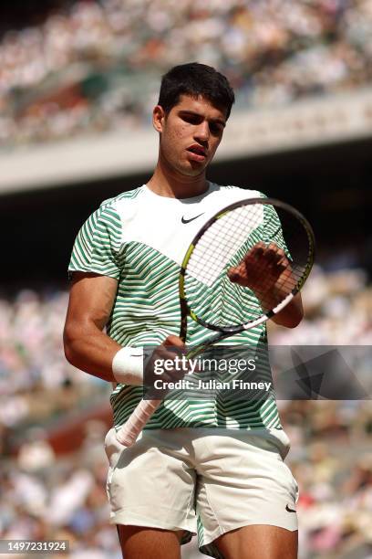 Carlos Alcaraz of Spain looks on against Novak Djokovic of Serbia during the Men's Singles Semi Final match on Day Thirteen of the 2023 French Open...