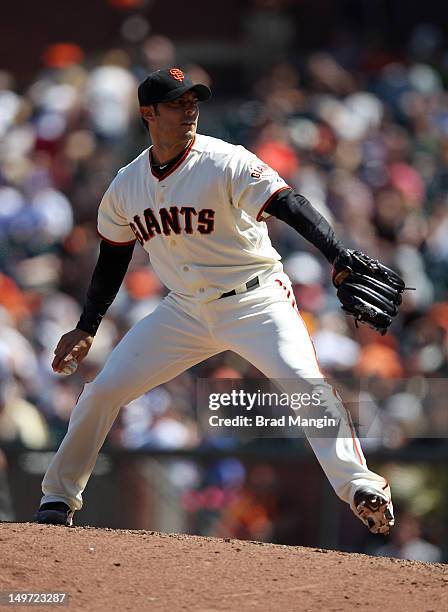 Clay Hensley of the San Francisco Giants pitches against the New York Mets during the game at AT&T Park on Thursday, August 2, 2012 in San Francisco,...