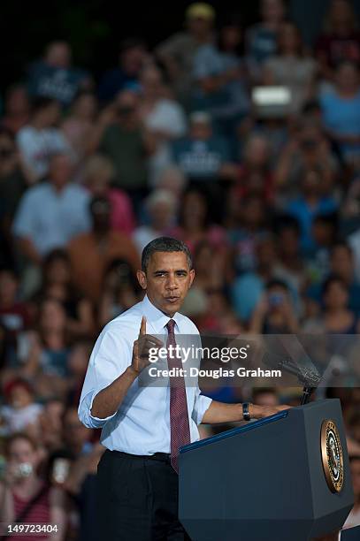 President Barack Obama was greeted by hundreds of Leesburg citizens at Loudoun County High School in Leesburg Virginia on August 2, 2012 as he...