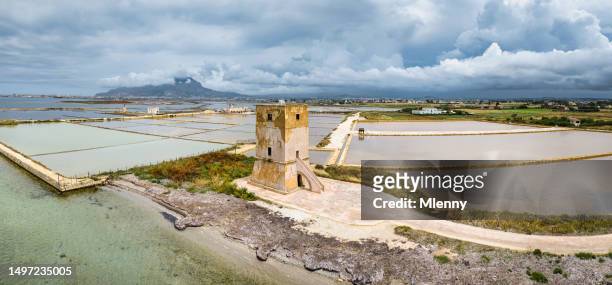 torre nubia saline di trapani ancient saltworks tower panorama sicily italy - ancient rome food stock pictures, royalty-free photos & images