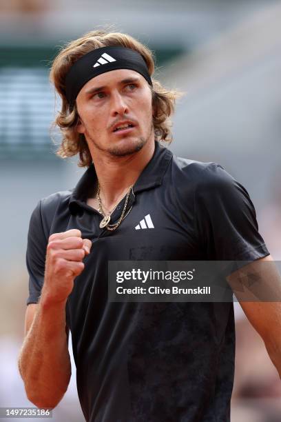 Alexander Zverev of Germany celebrates a point against Casper Ruud of Norway during the Men's Singles Semi Final match on Day Thirteen of the 2023...