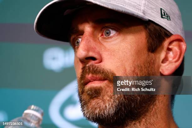 Quarterback Aaron Rodgers of the New York Jets talks to reporters after the teams OTAs at Atlantic Health Jets Training Center on June 9, 2023 in...