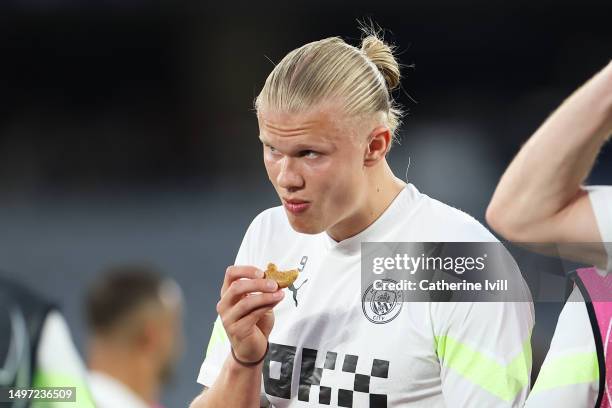 Erling Haaland of Manchester City looks on during the Manchester City Training Session ahead of the UEFA Champions League 2022/23 final on June 09,...