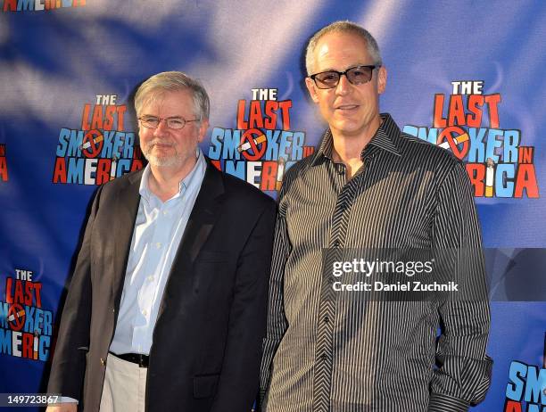 Christopher Durang and Peter Melnick attend the "Smoke-In/Smoke-Out" hosted by "The Last Smoker In America" off Broadway at The Westside Theatre on...